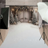 Aperturee Aperturee Elegant Christmas Doorway Sweep Photography Backdrop with Snow Floor Frosted Trees Silver and Gold Holiday Photo Prop